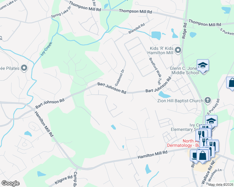 map of restaurants, bars, coffee shops, grocery stores, and more near 3137 Bart Johnson Road in Buford