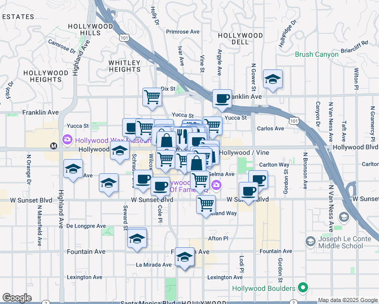 map of restaurants, bars, coffee shops, grocery stores, and more near in Los Angeles