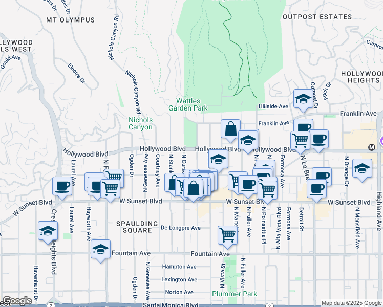 map of restaurants, bars, coffee shops, grocery stores, and more near 7560 Hollywood Boulevard in Los Angeles