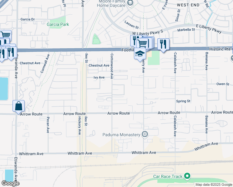map of restaurants, bars, coffee shops, grocery stores, and more near 13536 Durango Avenue in Fontana