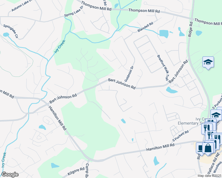map of restaurants, bars, coffee shops, grocery stores, and more near 3821 Bogan Mill Road Northeast in Buford
