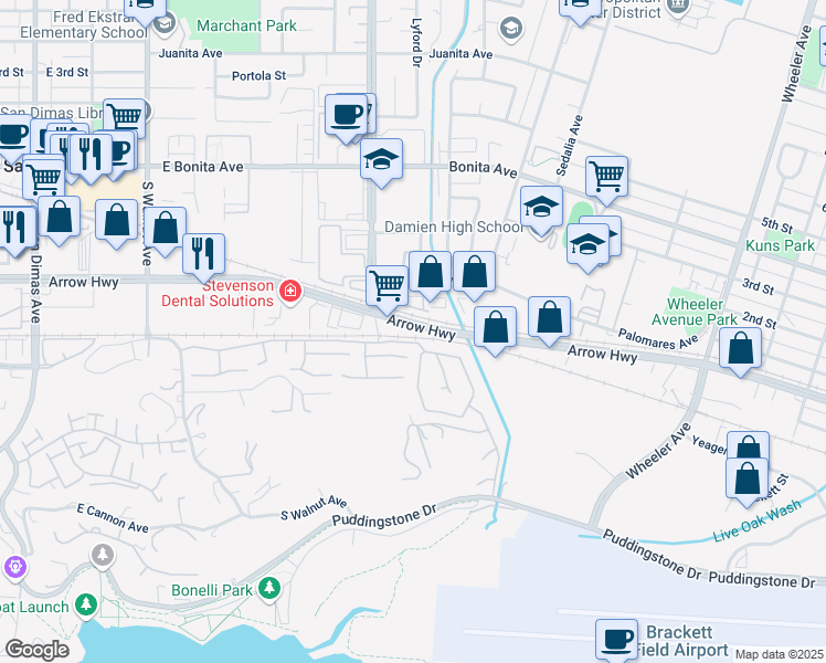 map of restaurants, bars, coffee shops, grocery stores, and more near in La Verne