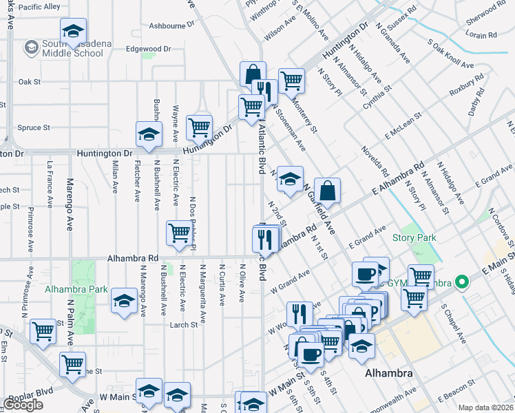 map of restaurants, bars, coffee shops, grocery stores, and more near 821 North Atlantic Boulevard in Alhambra