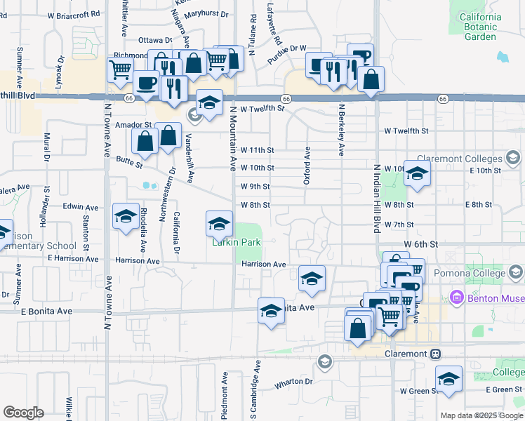 map of restaurants, bars, coffee shops, grocery stores, and more near 712 West 8th Street in Claremont