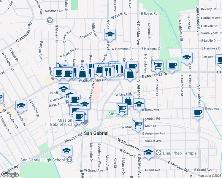 map of restaurants, bars, coffee shops, grocery stores, and more near 163 South Junipero Serra Drive in San Gabriel
