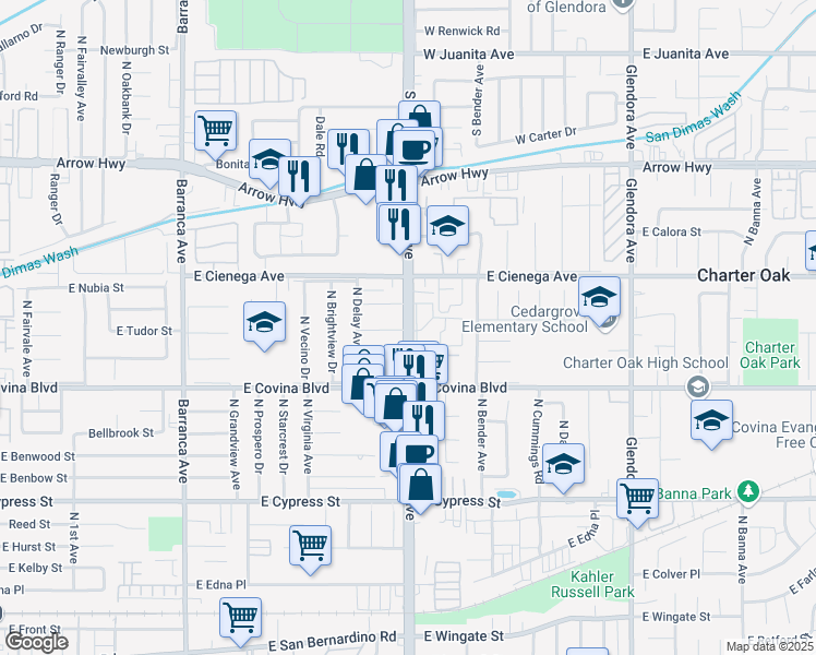 map of restaurants, bars, coffee shops, grocery stores, and more near 4900 North Grand Avenue in Covina