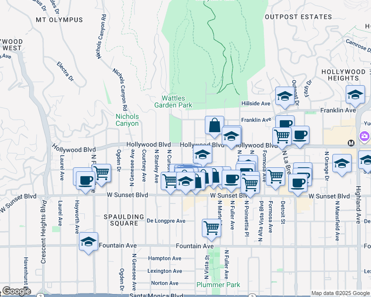 map of restaurants, bars, coffee shops, grocery stores, and more near 7520 Hollywood Boulevard in Los Angeles