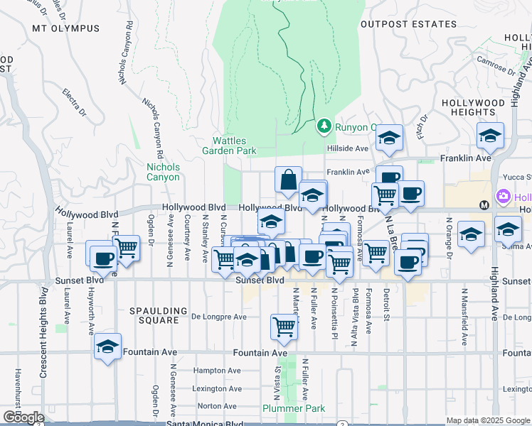 map of restaurants, bars, coffee shops, grocery stores, and more near 7464 Hollywood Boulevard in Los Angeles