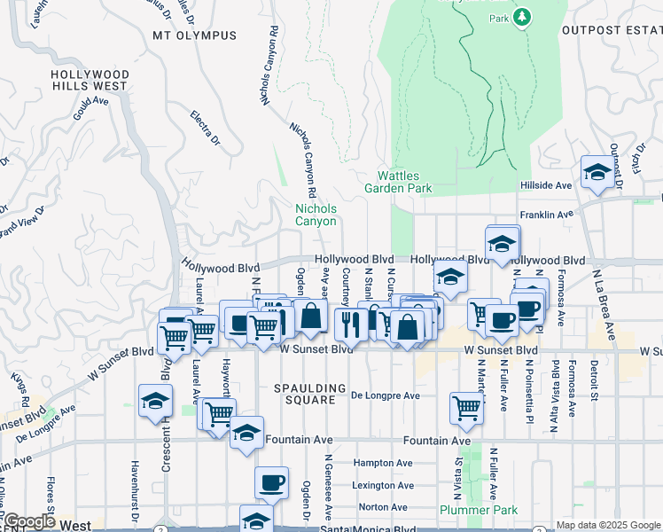 map of restaurants, bars, coffee shops, grocery stores, and more near 1635 Courtney Avenue in Los Angeles