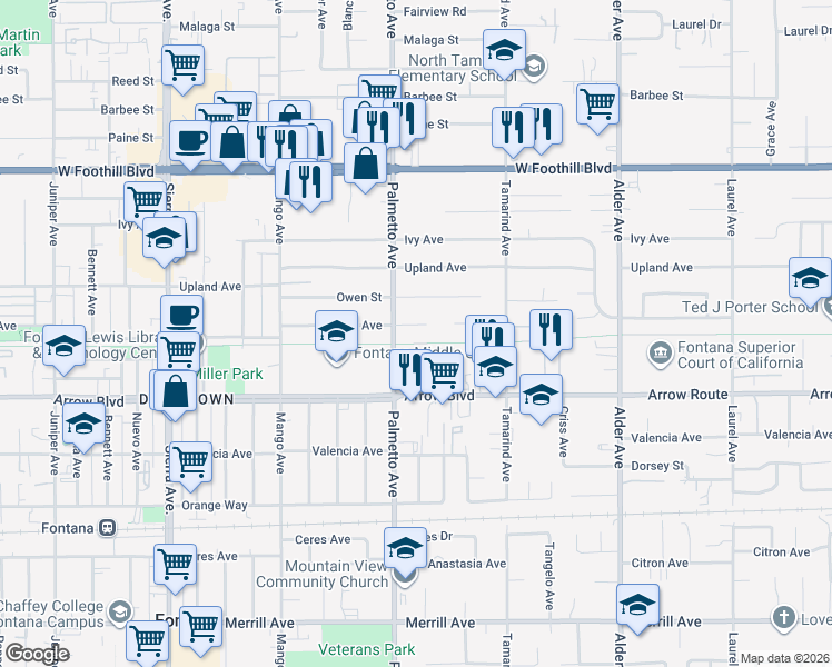 map of restaurants, bars, coffee shops, grocery stores, and more near 17331 Seville Court in Fontana