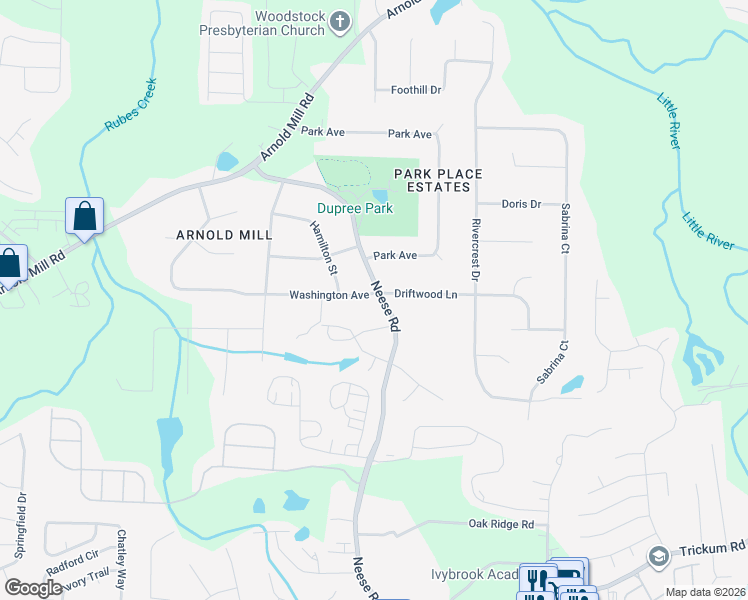 map of restaurants, bars, coffee shops, grocery stores, and more near 702 Neese Road in Woodstock