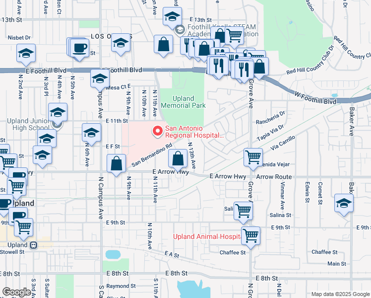 map of restaurants, bars, coffee shops, grocery stores, and more near 631 North 13th Avenue in Upland