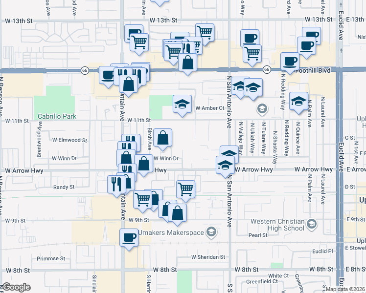 map of restaurants, bars, coffee shops, grocery stores, and more near 608 North Maple Way in Upland