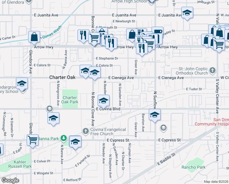 map of restaurants, bars, coffee shops, grocery stores, and more near 1172 North Stephora Avenue in Covina