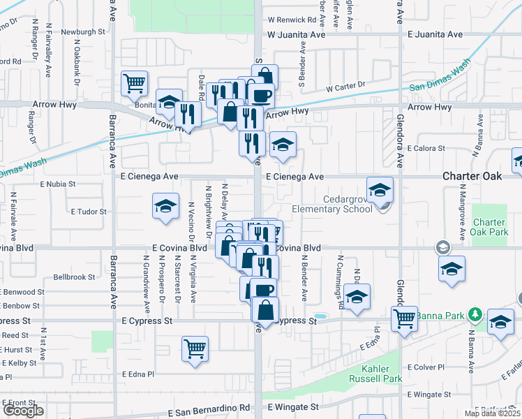 map of restaurants, bars, coffee shops, grocery stores, and more near 19342 East Tudor Street in Covina