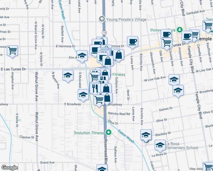 map of restaurants, bars, coffee shops, grocery stores, and more near 5612 Rosemead Boulevard in Temple City