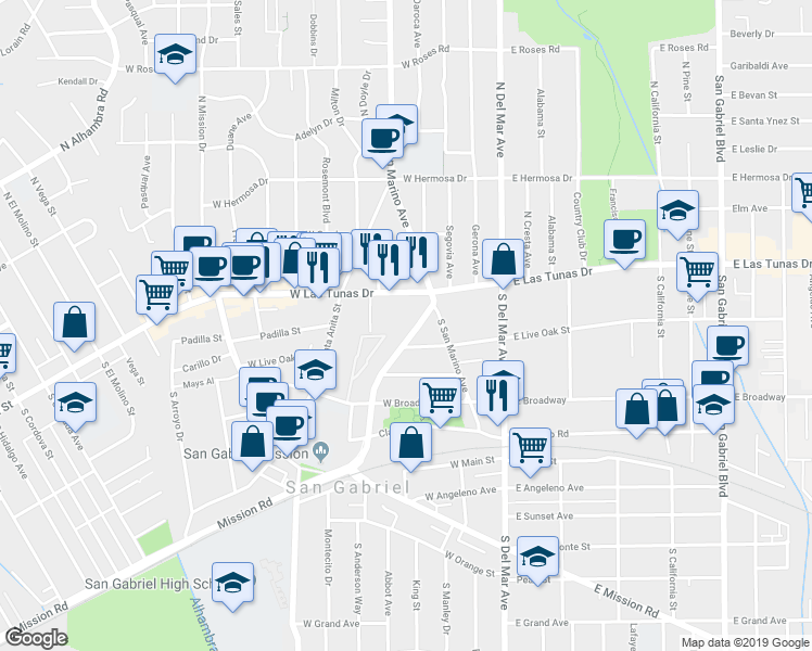 map of restaurants, bars, coffee shops, grocery stores, and more near 201 South Junipero Serra Drive in San Gabriel