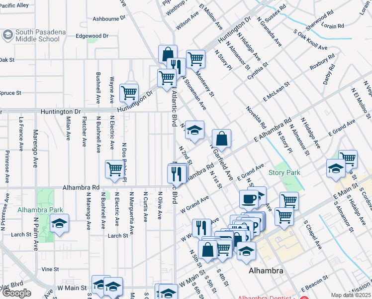 map of restaurants, bars, coffee shops, grocery stores, and more near 801 North 2nd Street in Alhambra