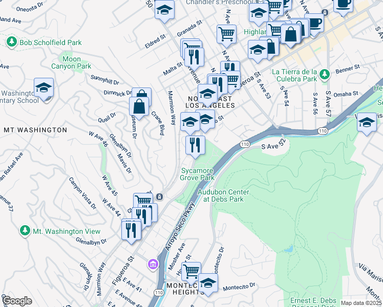 map of restaurants, bars, coffee shops, grocery stores, and more near 4733 Woodside Drive in Los Angeles