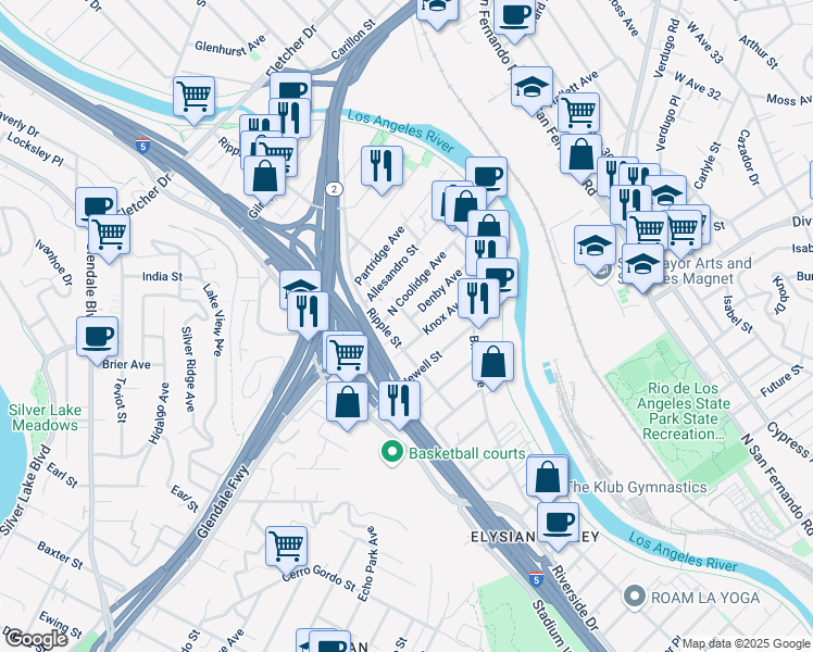 map of restaurants, bars, coffee shops, grocery stores, and more near 2711 Knox Avenue in Los Angeles
