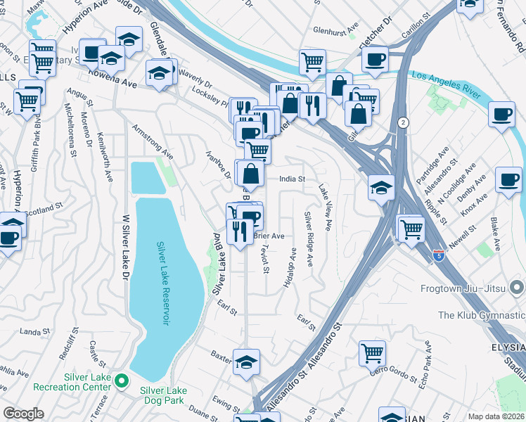 map of restaurants, bars, coffee shops, grocery stores, and more near 2421 Silver Lake Boulevard in Los Angeles