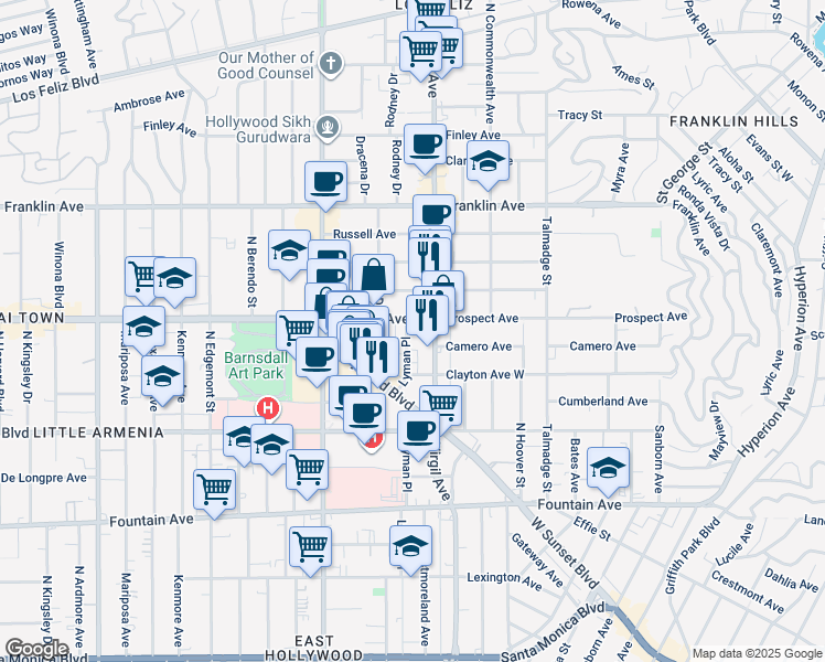 map of restaurants, bars, coffee shops, grocery stores, and more near 1639 Lyman Place in Los Angeles