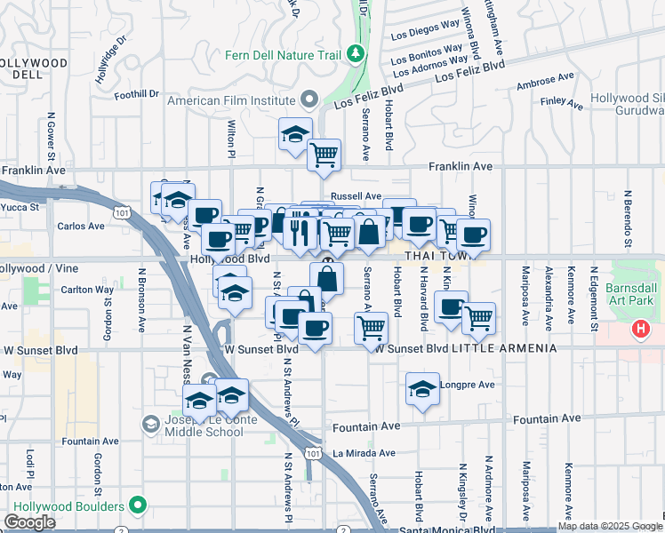 map of restaurants, bars, coffee shops, grocery stores, and more near 5508 Hollywood Boulevard in Los Angeles