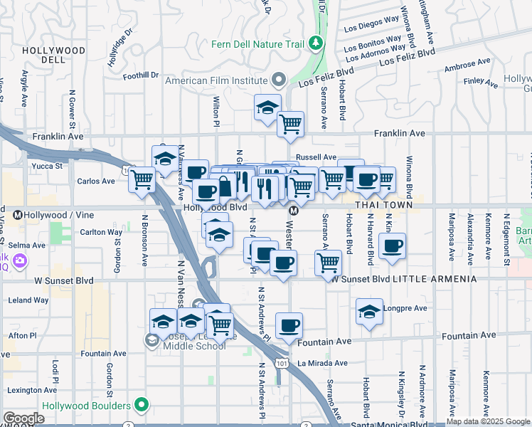 map of restaurants, bars, coffee shops, grocery stores, and more near 5545 Carlton Way in Los Angeles
