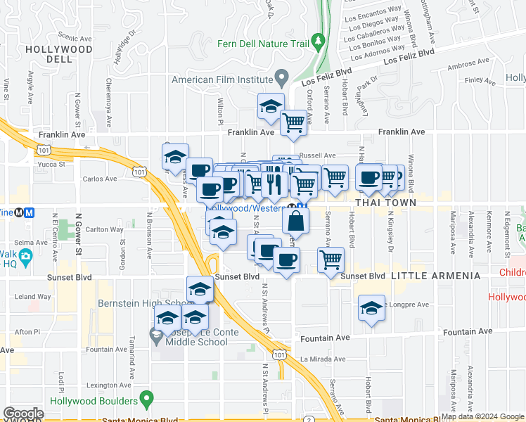 map of restaurants, bars, coffee shops, grocery stores, and more near 5545 Carlton Way in Los Angeles