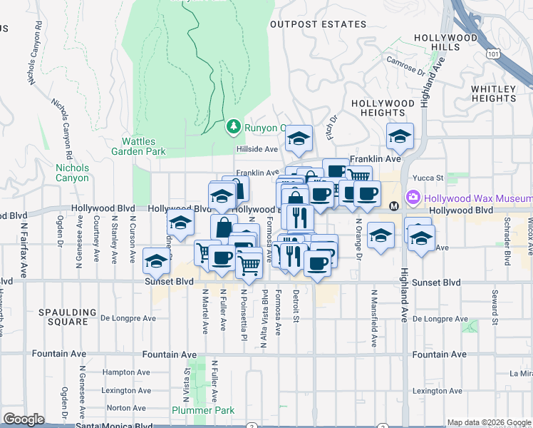 map of restaurants, bars, coffee shops, grocery stores, and more near 1643 North Formosa Avenue in Los Angeles