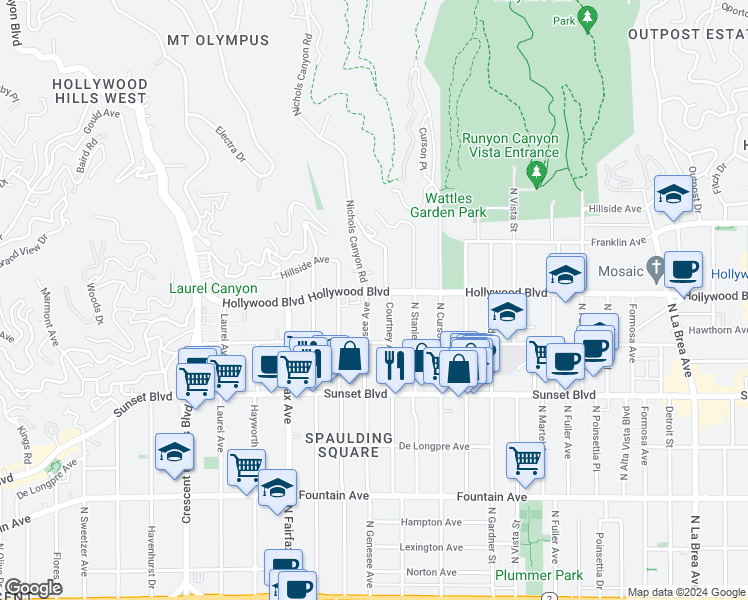 map of restaurants, bars, coffee shops, grocery stores, and more near 1635 Courtney Avenue in Los Angeles