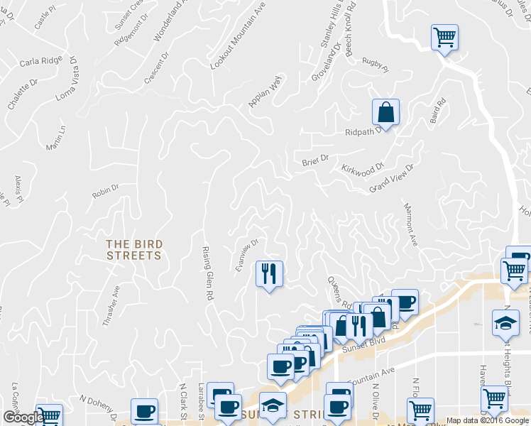 map of restaurants, bars, coffee shops, grocery stores, and more near 8713 Sunset Plaza Terrace in Los Angeles
