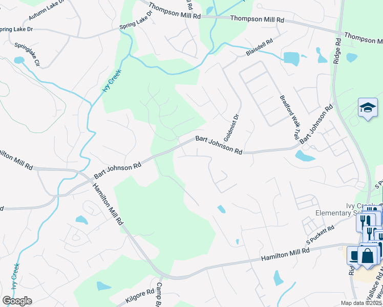 map of restaurants, bars, coffee shops, grocery stores, and more near 3851 Bogan Mill Road Northeast in Buford