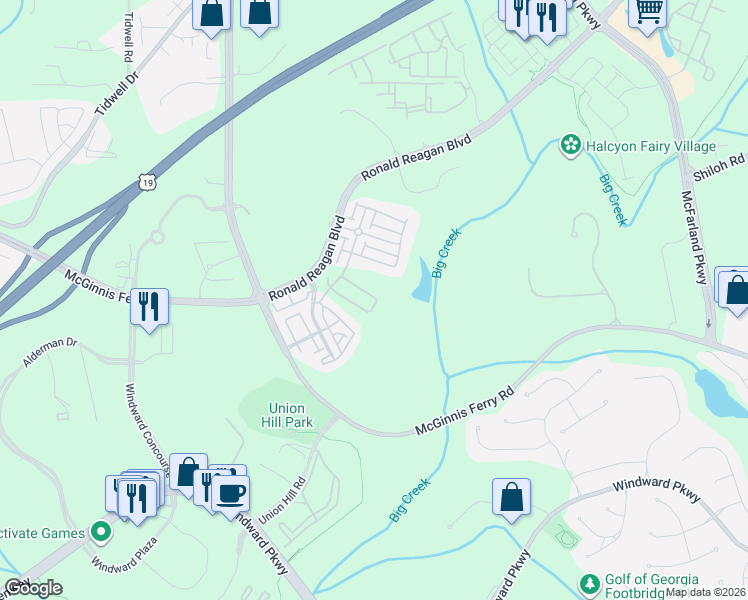 map of restaurants, bars, coffee shops, grocery stores, and more near 7980 Willoughby Court in Alpharetta