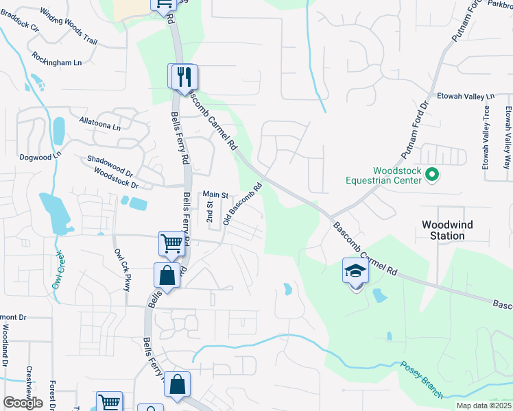 map of restaurants, bars, coffee shops, grocery stores, and more near 6050 Old Bascomb Road in Acworth