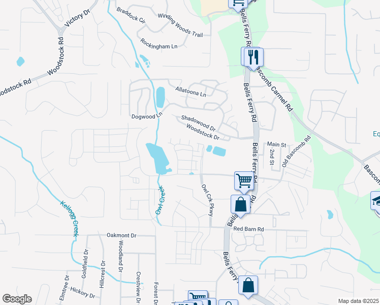 map of restaurants, bars, coffee shops, grocery stores, and more near 1201-1399 Hunter Road in Acworth
