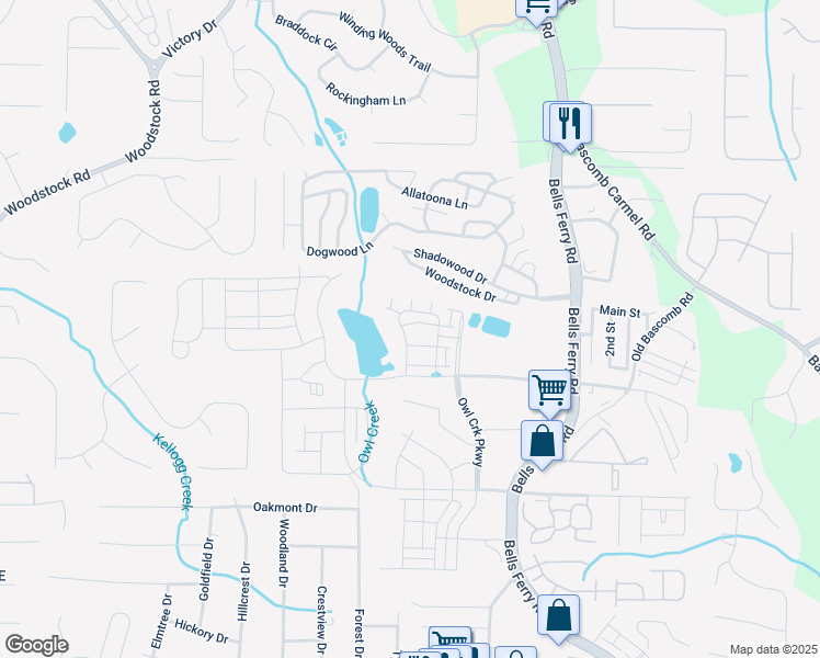 map of restaurants, bars, coffee shops, grocery stores, and more near 708 Payton Lane in Acworth