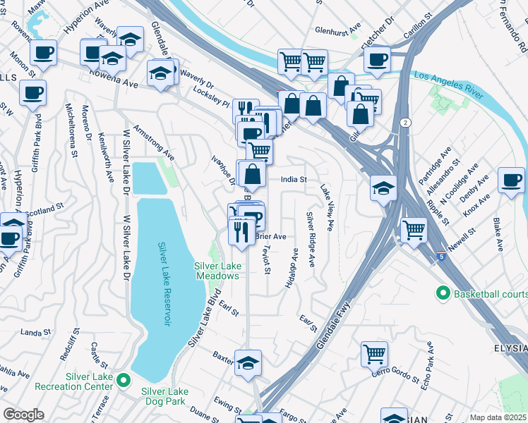 map of restaurants, bars, coffee shops, grocery stores, and more near 2451 Silver Lake Boulevard in Los Angeles