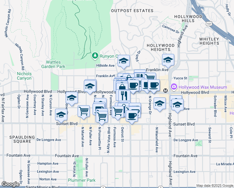 map of restaurants, bars, coffee shops, grocery stores, and more near 7120 Hollywood Boulevard in Los Angeles