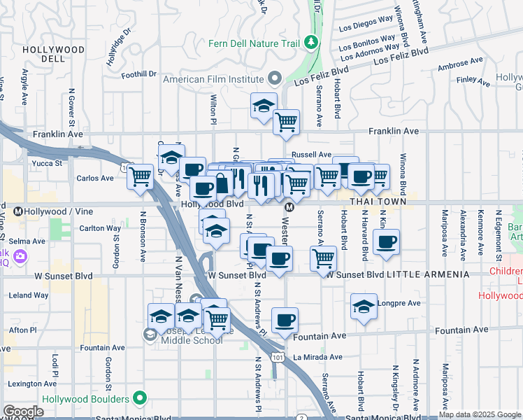 map of restaurants, bars, coffee shops, grocery stores, and more near 5550 Hollywood Boulevard in Los Angeles