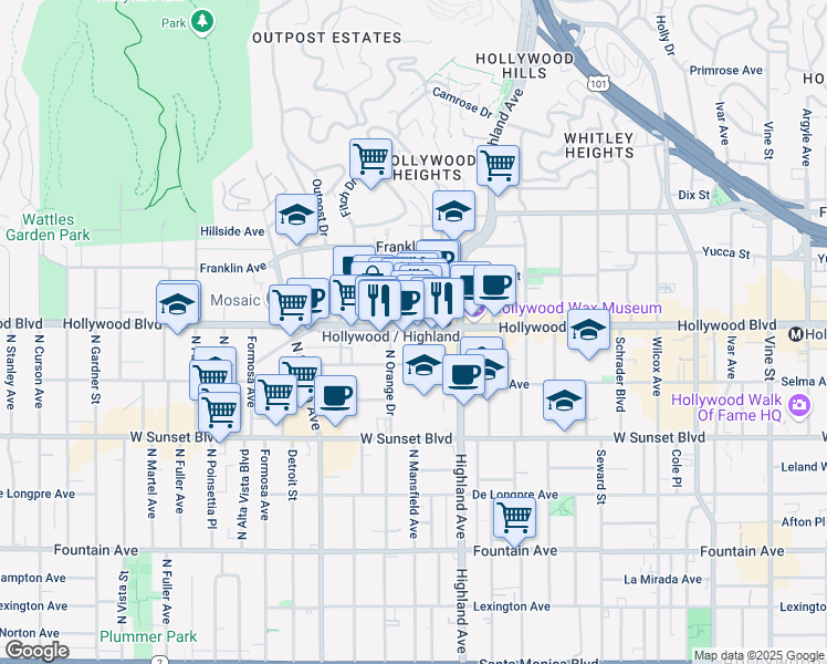map of restaurants, bars, coffee shops, grocery stores, and more near 6904 Hollywood Boulevard in Los Angeles