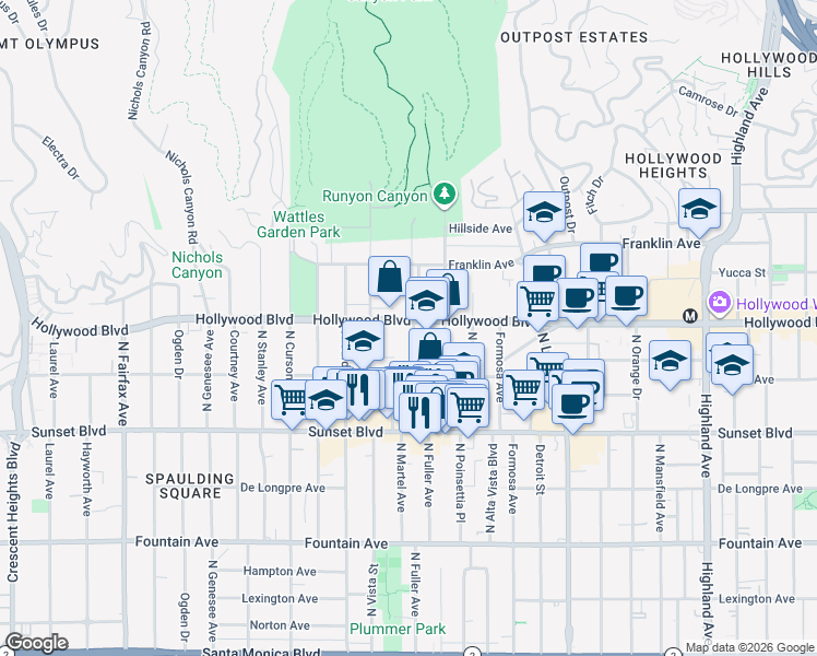 map of restaurants, bars, coffee shops, grocery stores, and more near 7300 Hollywood Boulevard in Los Angeles
