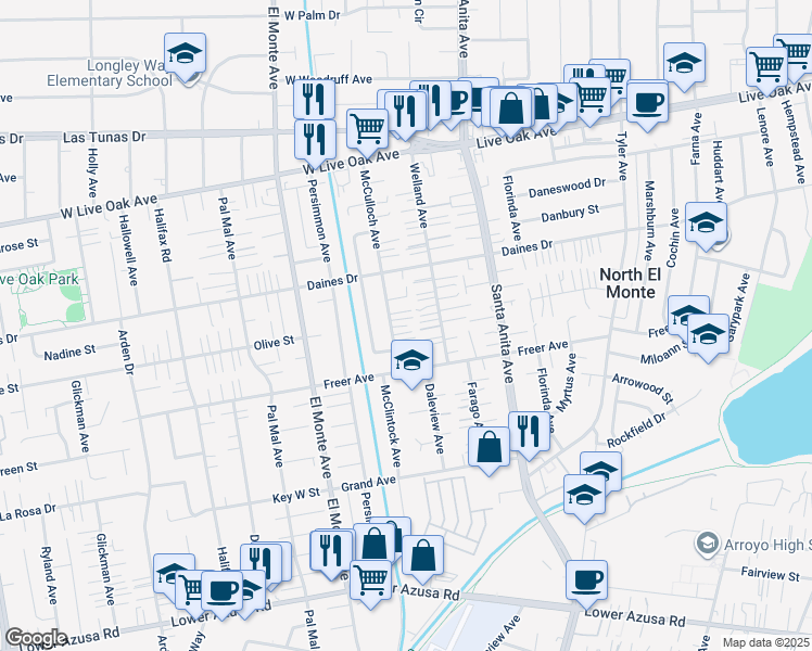 map of restaurants, bars, coffee shops, grocery stores, and more near 5350 McCulloch Avenue in Temple City
