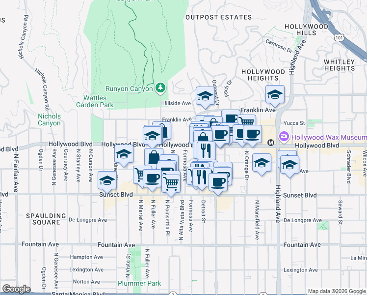 map of restaurants, bars, coffee shops, grocery stores, and more near 7200 Hollywood Boulevard in Los Angeles