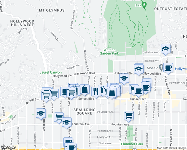 map of restaurants, bars, coffee shops, grocery stores, and more near 1645 Courtney Avenue in Los Angeles