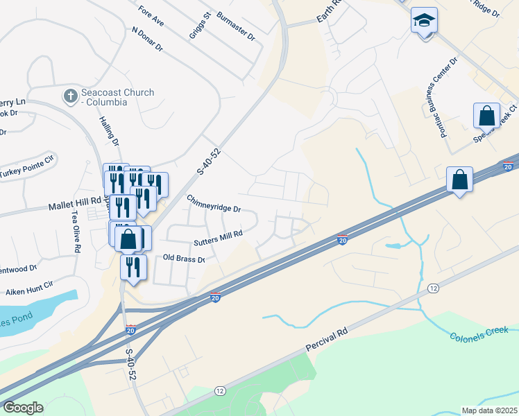 map of restaurants, bars, coffee shops, grocery stores, and more near 240 Chimneyridge Drive in Columbia