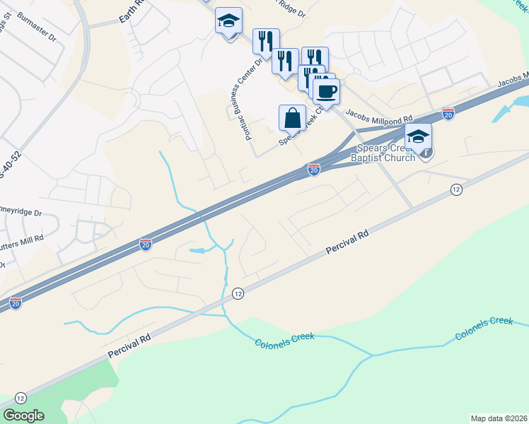 map of restaurants, bars, coffee shops, grocery stores, and more near 4701 Percival Road in Columbia
