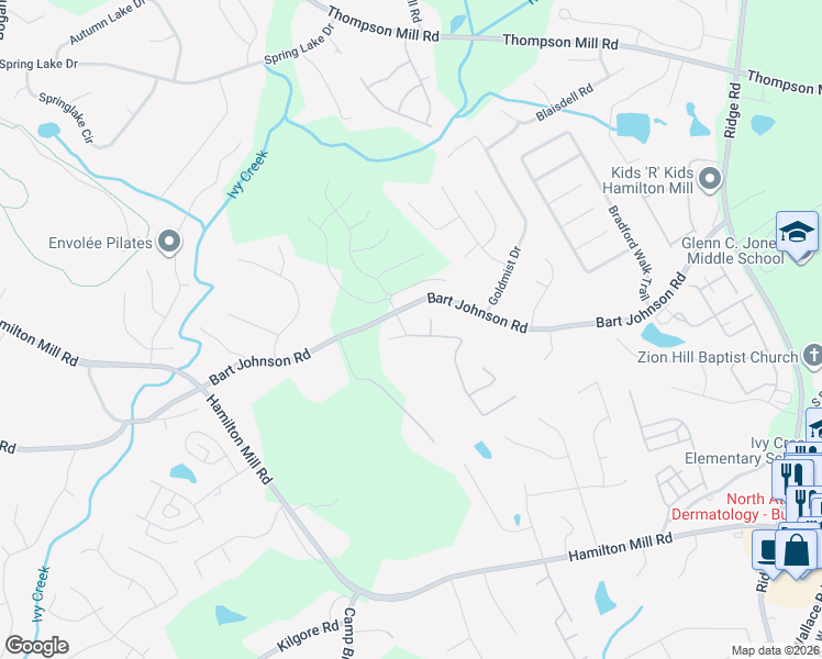 map of restaurants, bars, coffee shops, grocery stores, and more near 3871 Bogan Mill Road Northeast in Buford