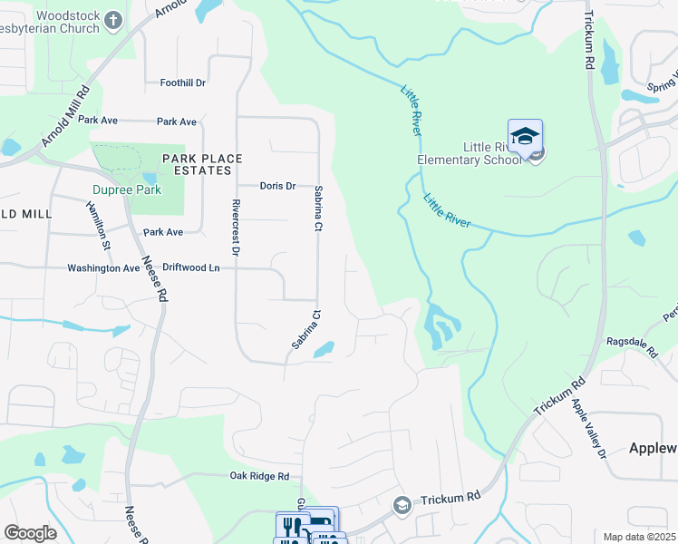 map of restaurants, bars, coffee shops, grocery stores, and more near 1139 Dunedin Trail in Woodstock