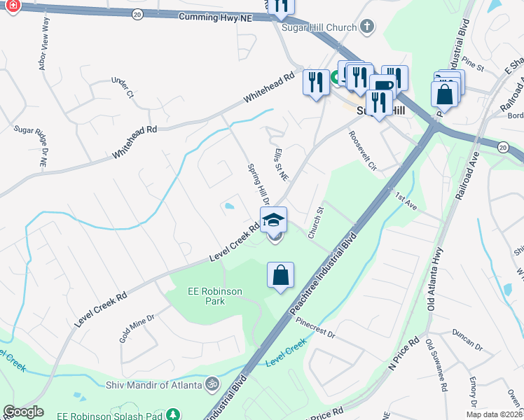 map of restaurants, bars, coffee shops, grocery stores, and more near 966 Level Creek Road in Buford